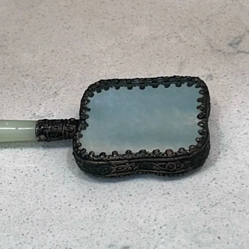 Vtg Chinese Hand Mirror Rounded Corner Squircle W/ Jade Handle & Porcelain Back